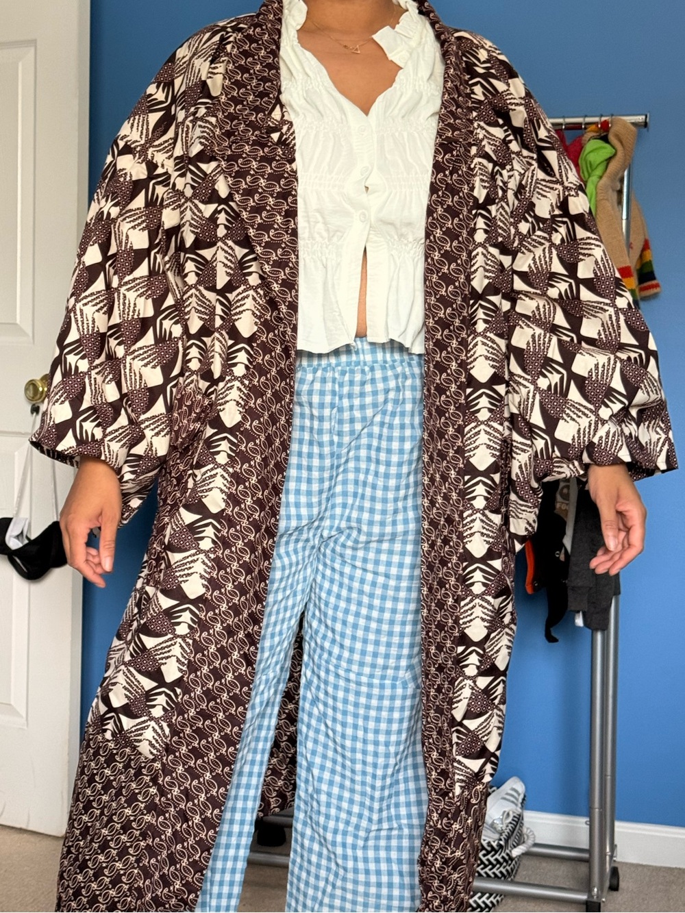 Brown & Cream Geometric Long Kimono Coat